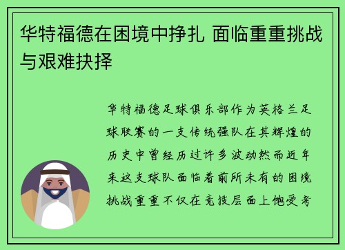 华特福德在困境中挣扎 面临重重挑战与艰难抉择