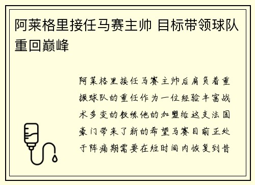 阿莱格里接任马赛主帅 目标带领球队重回巅峰