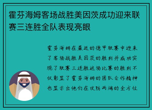 霍芬海姆客场战胜美因茨成功迎来联赛三连胜全队表现亮眼